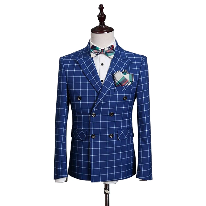 Plyesxale, двубортный мужской костюм,, приталенный, свадебные костюмы для мужчин, королевский синий смокинг, пиджак, известный бренд, клетчатые костюмы Q338