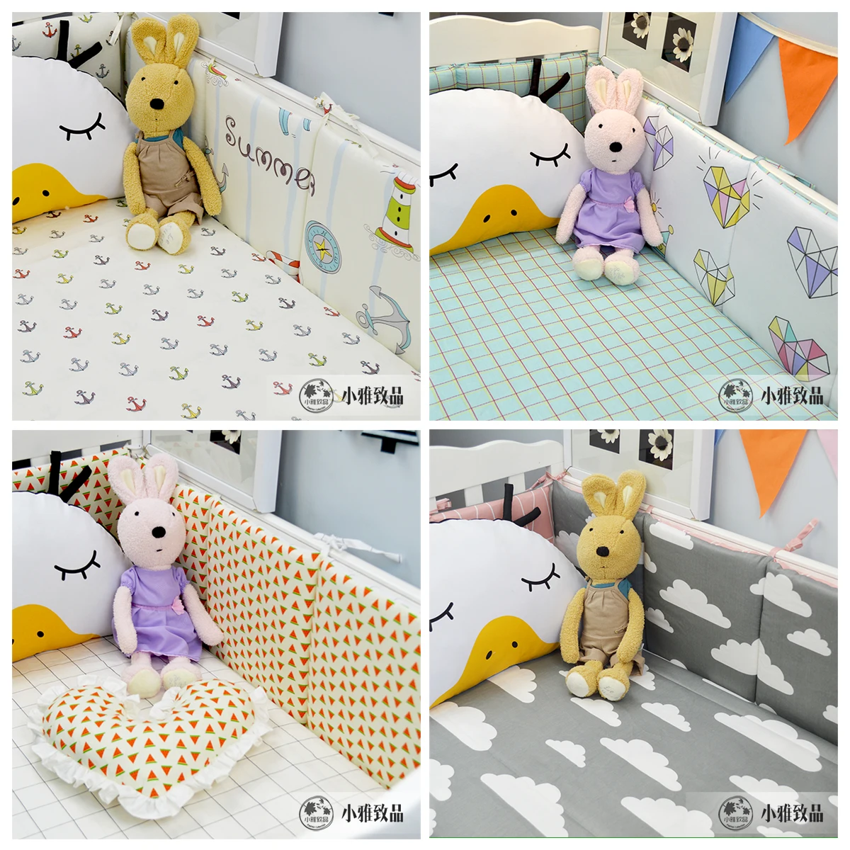 

Baby bed bumper 4pcs baby bedding set grey cloud blue diamond Lighthouse nautical plane watermelon design suitable for girl boy