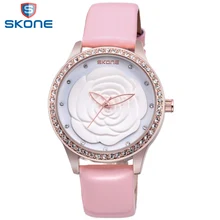 SKONE Trend Ladies’s Flower Dial Watch Pink Rhinestone Watch Ladies Leather-based Strap Relogios Feminino 2017 Feminine Wristwatch