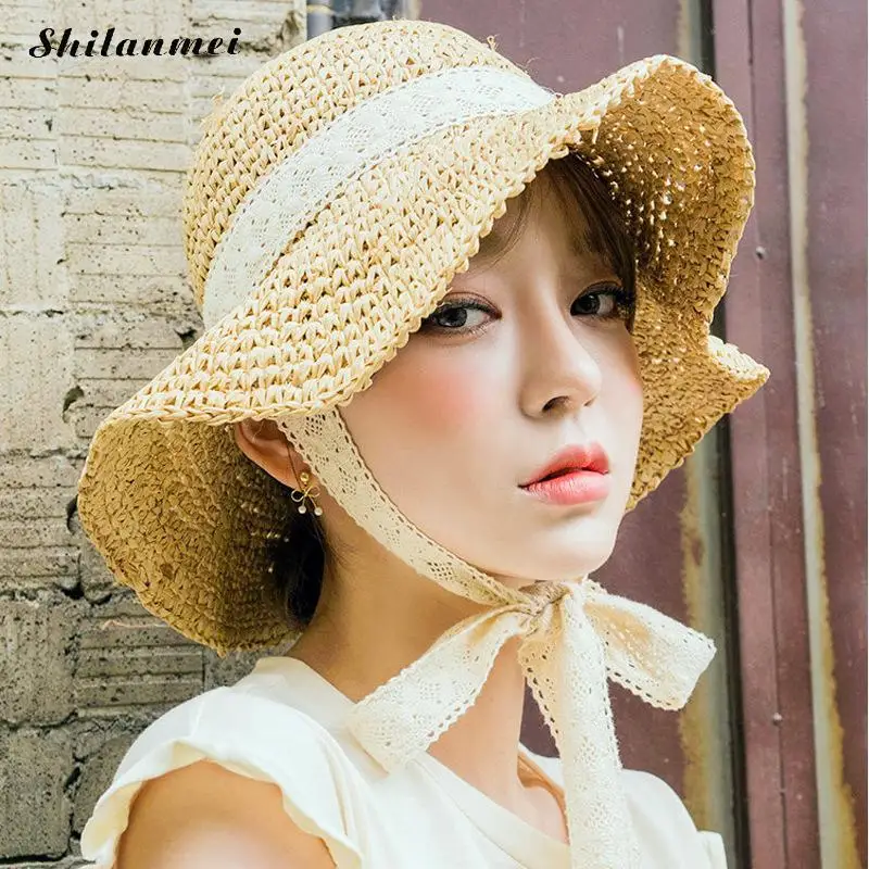 Summer Boater Hats For Women Straw Sun Hat Lady Girls Lace Ribbon Bow