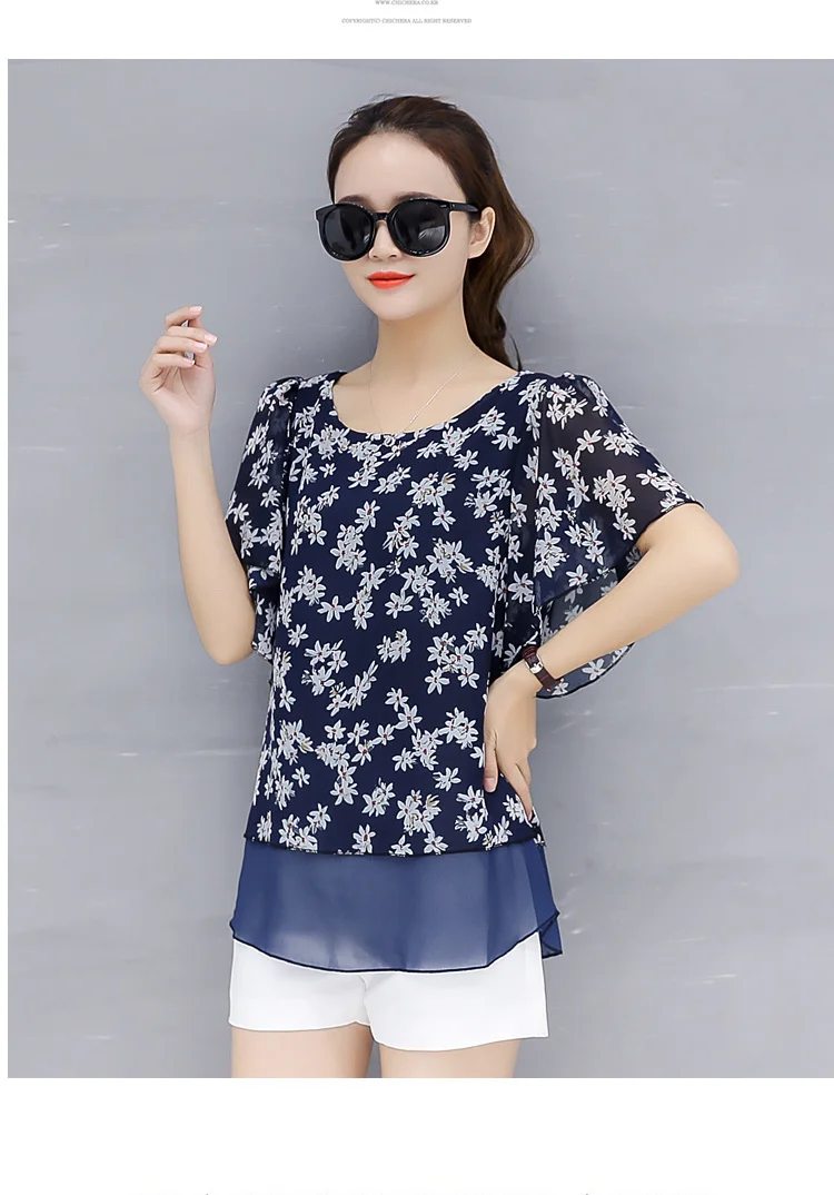 Летняя блузка корейский топ Для женщин печати шифон рубашки плюс Размеры 4XLO-Neck рукав «летучая мышь» Camisa Blusa Feminina женская одежда - Цвет: navyblue