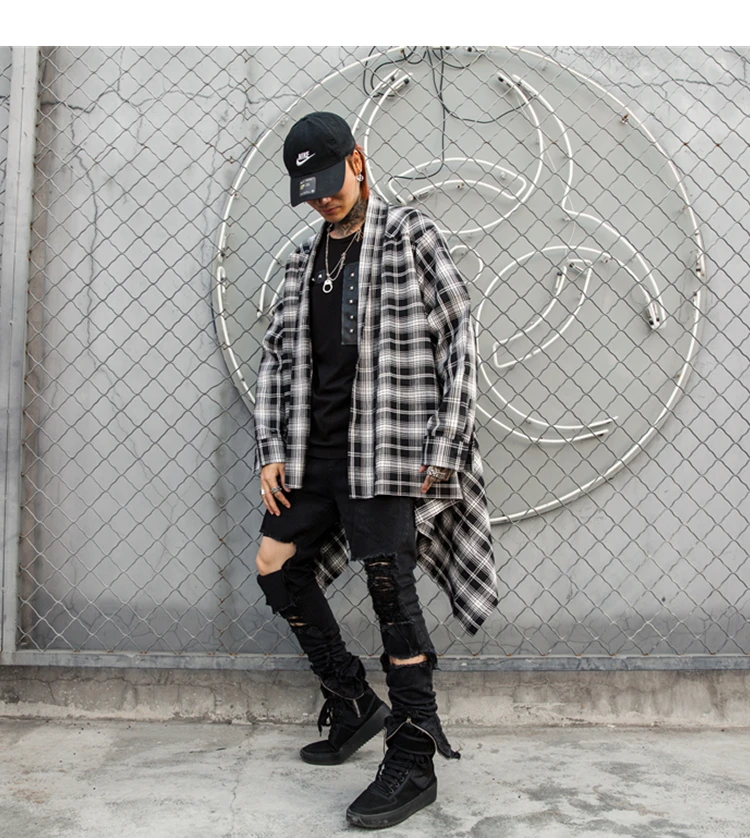 

Hip hop Long sleeve plaid shirt men Extended shirts Loose Open stitch 2019 Spring Summer Autumn