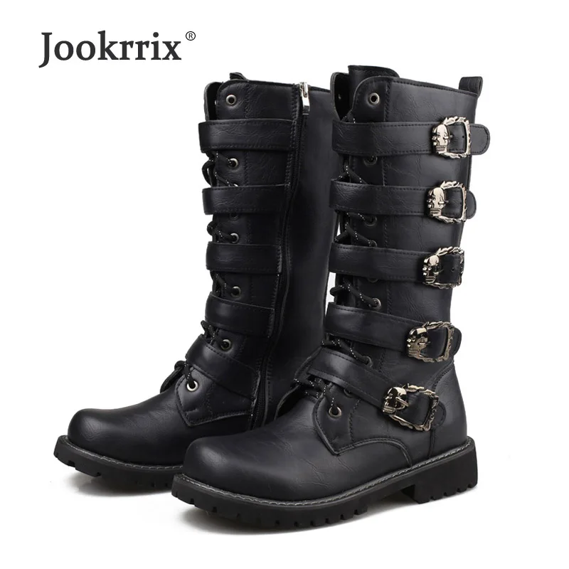 

Jookrrix 2018 New Shoes Men Fashion Brand Long Martin Boots High Top Male Metal Decoration British Style uomo footware Buckle