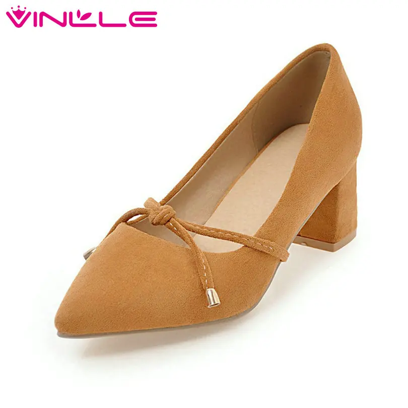 

VINLLE 2018 Women Pumps Flock Square Med Heel Butterfly-Knot Solid Beige Sweet Style Ladies Wedding Shoes Size 34-43