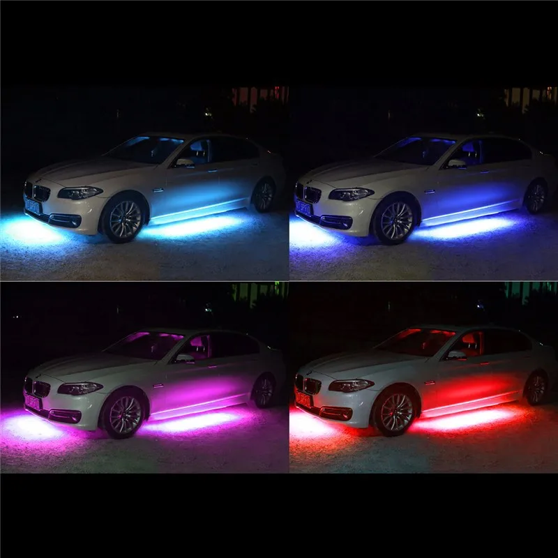 4x, 8 цветов, яркая автомобильная светодиодная лента, неоновый светодиодный светильник на дно автомобиля, s, подсвечивающая нижняя часть, музыкальная активная звуковая система, неоновый светильник, автомобильный комплект
