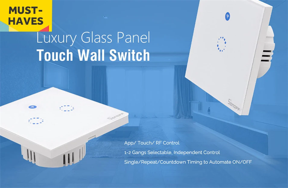 Sonoff T1 EU UK Panel WiFi RF 433 APP  Touch Control Wireless Light Switch 1 2 3 Gang 1 Way Wall Touch Glass Switch Smart Home