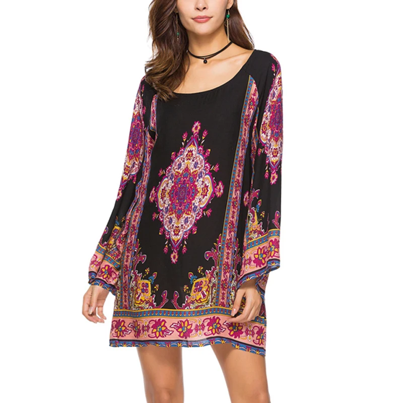 

Floral Print Mini Summer Dress Women 2018 Fashion Long Sleeve Cotton Vintage Dress O neck Casual Loose Short Shift Dresses