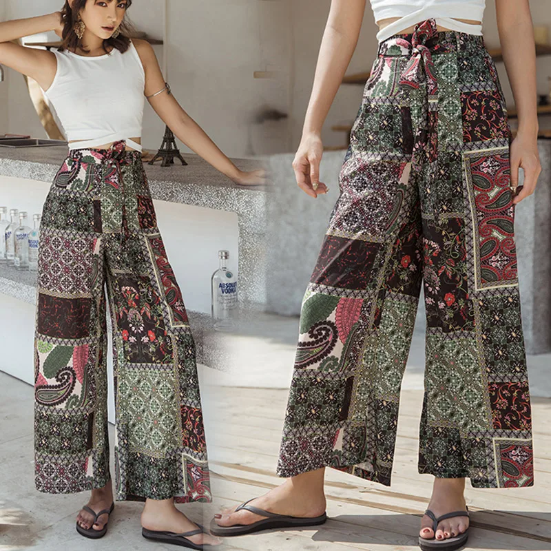 

LZMZA Fashion Women Printed Beach Pants Summer Chiffon Trousers Women Belted Slit Wide Leg Pants