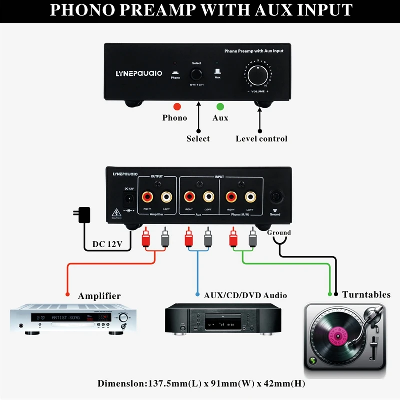 LYNEPAUAIO фонокорректор вращающийся проигрыватель дисков, Электрический граммофон долгоиграющий мм звукосниматель, с Aux/Cd/Dvd линейный вход и громкость