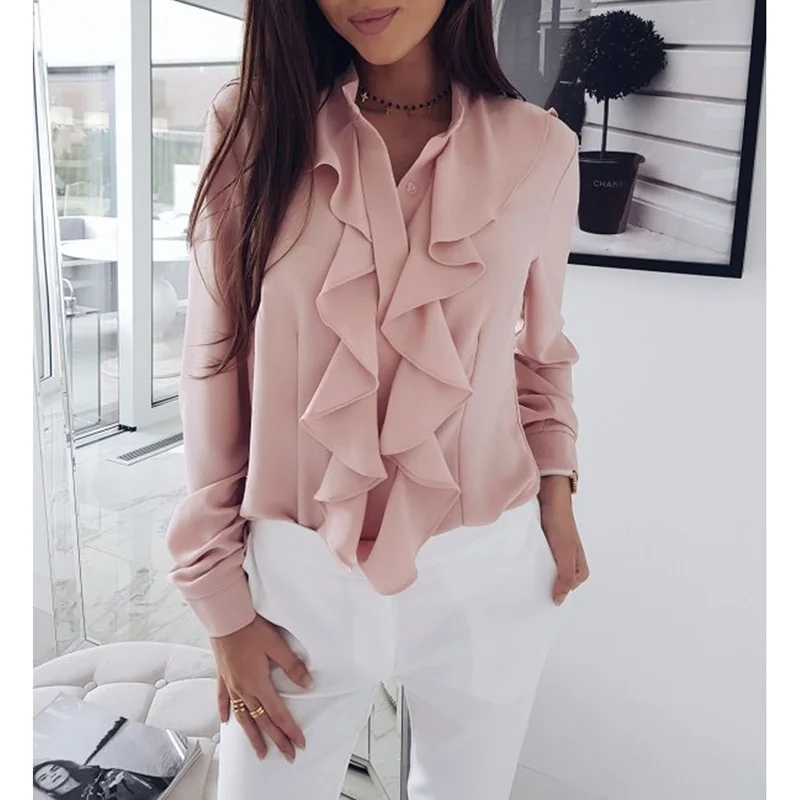 En Ligne Femmes Bureau Chemise Casual Manches Longues Ruches Blouse Femmes Boutons Solides Dames Chemises 2018 Automne Hiver Tops Blusas WS9889M