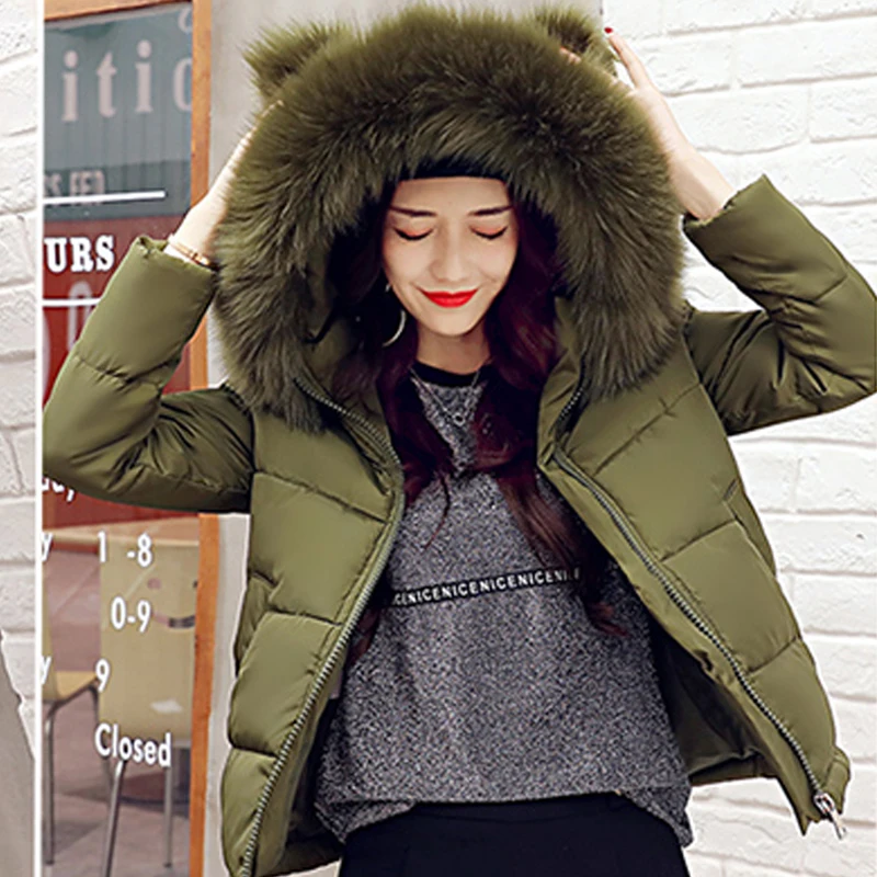 Women Faux Fox Down Jacket Black Fur Collar Coats Winter