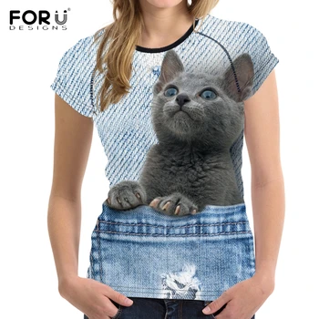 

FORUDESIGNS Funny 3D Blue Pocket Denim Shorthair Cat Print Women T Shirts Fashion Short Sleeve Tops Tees Fitness Summer T-shirts