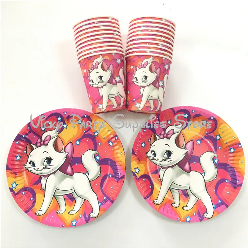 

40pcs/lot Marie Cat Disposable Paper Cup Plate Cartoon Pink Cat The Aristocats Party Birthday Baby Shower Tableware Supplies
