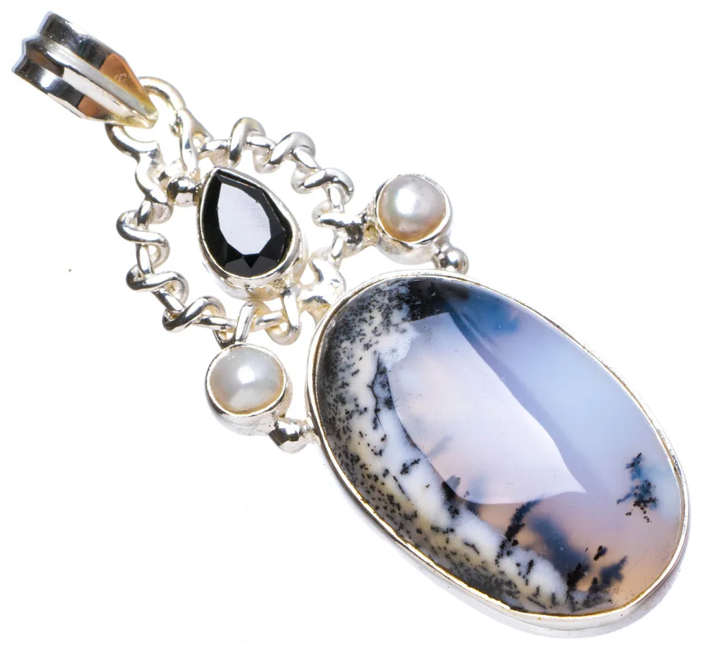 

Natural Dendritic Opal,Black Onyx and River Pearl Handmade Unique 925 Sterling Silver Pendant 2" X1017