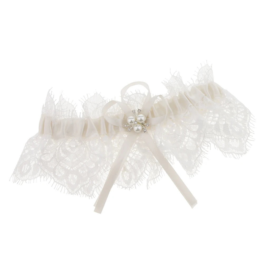 prettyia Bridal Wedding Pearls Bow Knot Lace Garter Wedding Dress Accessories for Wedding Fancy Party 