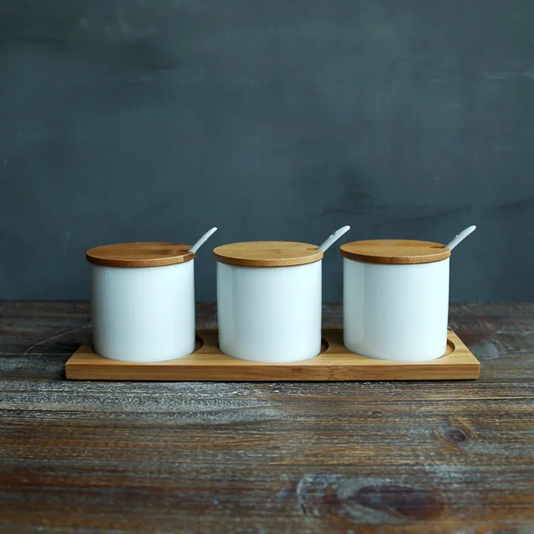 

Japan Style zakka ceramic storage bottles jars for spice sugar salt storage box with spoon bamboo lid tray sets creative jars