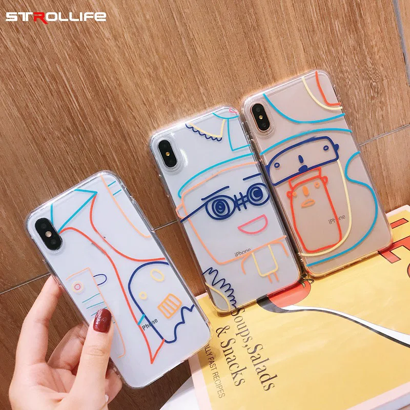 

STROLLIFE Artistic Painting Phone Case for iPhoneX XS Max XR Abstract Lines Clear TPU Cover for IPhone 8 6s 7 Plus Ins Colourful