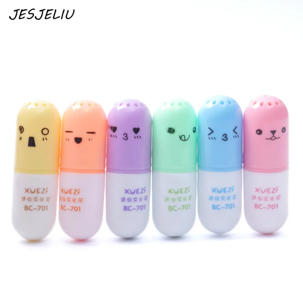 

6 pcs/set Mini Pill shaped highlighter pens for writing Cute face Graffiti marker pen Korean stationery school office supplies