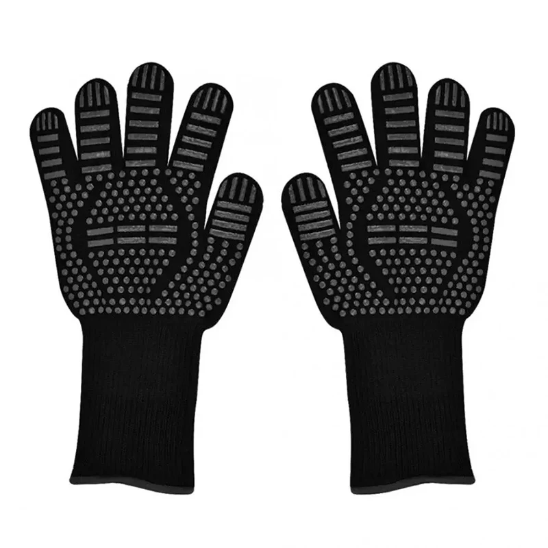 1 Pair Heat Resistant BBQ Gloves Kitchen Cooking Gloves Oven Mitts Insulated Oven Gloves for Baking Cooking Barbecue Grill Tools - Color: 1 Pair Black