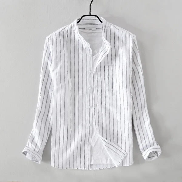 Новое поступление, повседневная мужская рубашка в полоску с маленьким стоячим воротником, хлопковая льняная рубашка, мужские белые рубашки с карманами, Мужская сорочка - Цвет: white