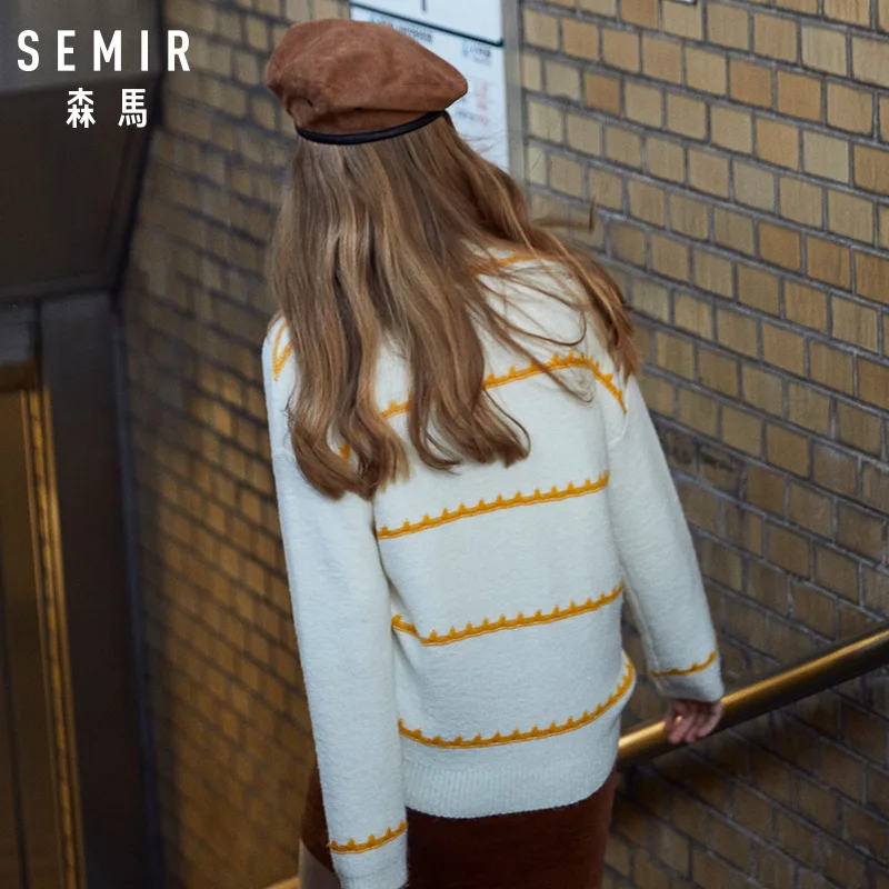 Kopen SEMIR Vrouwen Fijn Gebreide Trui Contrasterende Streep vrouwen Dropped Schouder Trui met Geribbeld Mock Coltrui Manchet en Zoom