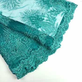 

2018 green french lace embroidered tulle lace with heavy stones and beaded nigerian Guipure lace fabrics for wedding dress