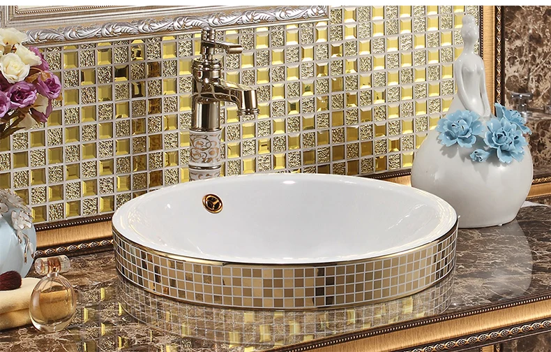 Gold Round art basin European ceramic wash basin American table basin semi-embedded bathroom sinks counter top basin (2)