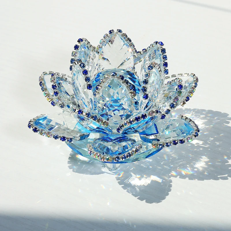 

H&D X'mas Gift Crystal Lotus Flower Figurines with Sparkle Rhinestone for Feng Shui Home Office Decor Paperweight (3.5inch,Blue)