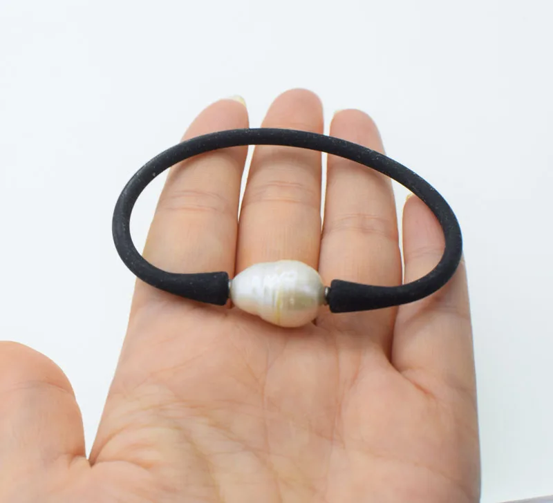 

freshwater pearl reborn keshi white drop baroque 13*18mm black silicone bracelet 7.5inch FPPJ wholesale beads nature