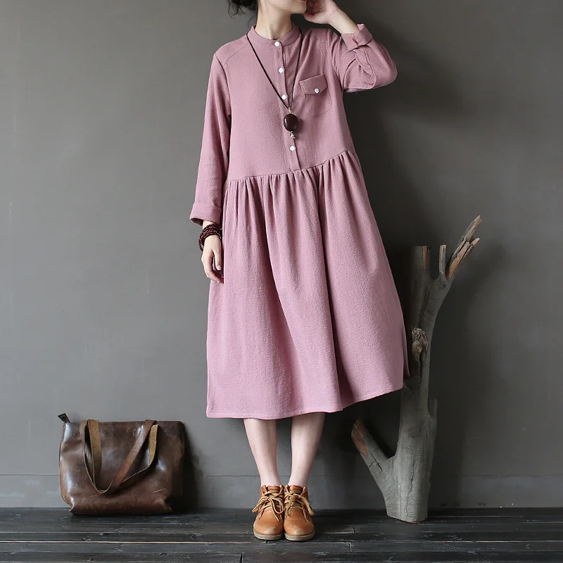 

2018 Spring Dresses Loose Size A Line Solid PINK color Stand Long Sleeve Women Dresses Art Cotton Women Clothing