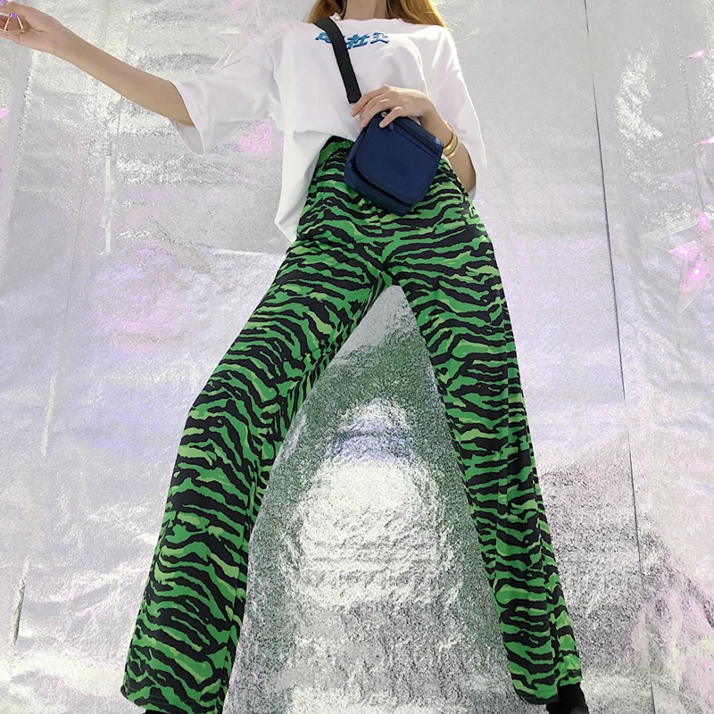 Green Zebra Print Loose Wide Leg Pants 