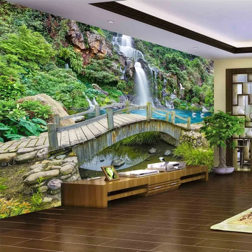 Custom-Any-Size-3D-Mural-Wallpaper-Small-Bridge-Running-Water-Waterfall-Nature-Landscape-Photo-Background-Wall