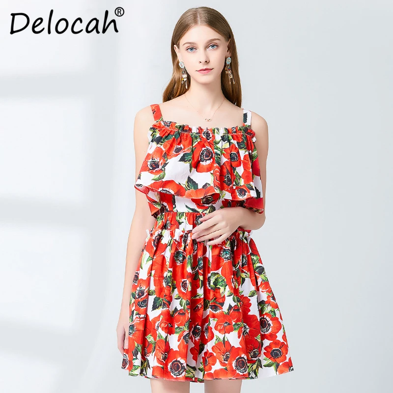 

Delocah Spring Summer Women Dress Runway Fashion Designer Sexy Spaghetti Strap Flower Printed Elegant Slim 100% Cotton Dresses