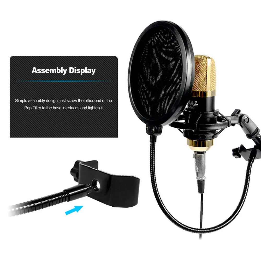 

Microphone Wind Screen Pop Filter Round Shape Mic Wind Mask Double-layer Cloth with Metal Stand Clip for Broadcasting Recording