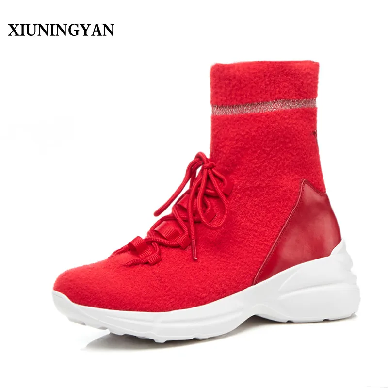 XIUNINGYAN  2018 New Fashion Women Sneakers Shoes Elastic High Boots Lace Up Flat Ankle Boots High-top Sneakers Sock Boots Women