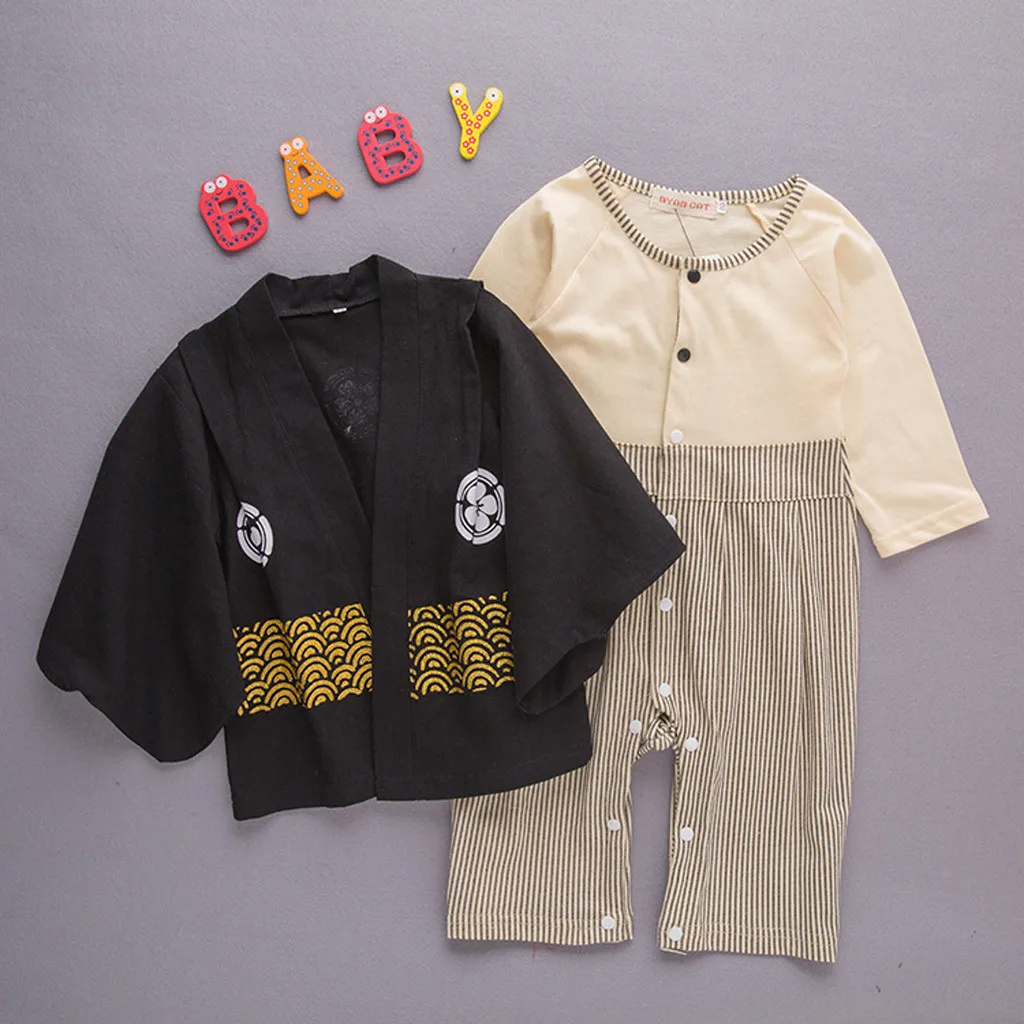 Infant Baby Boys Striped Kimono Tops+Romper Outfits Set Japanese