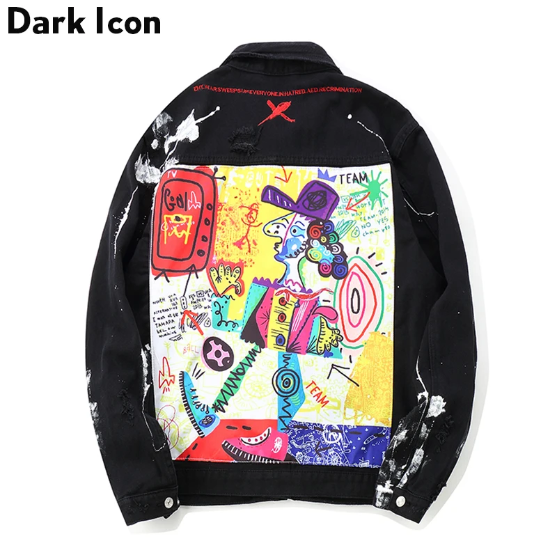 DARK ICON Graffiti Appliques Hip Hop Jean Jacket Men 2019 Art Gone Mad Turn Down Collar Denim Jackets Men Streetwear Clothes