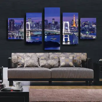 

Modern Printed City Night And Bridge 5 Panels Large HD Picture Canvas Print Painting Artwork Wall Decorative Painting Unframed