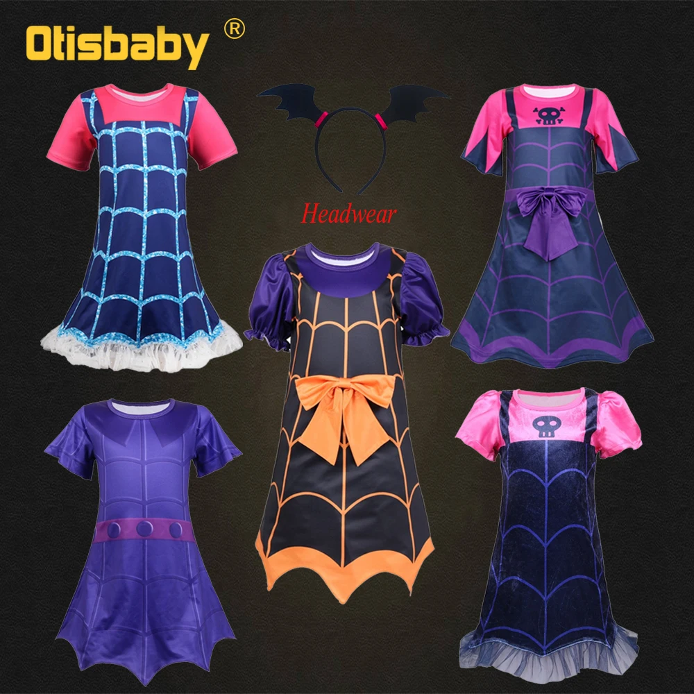 

New Christmas Halloween Carnival Vampirina Costume Headwear 2pcs Kids Vampire Costumes Cosplay Girls Spider Web Printed Dresses