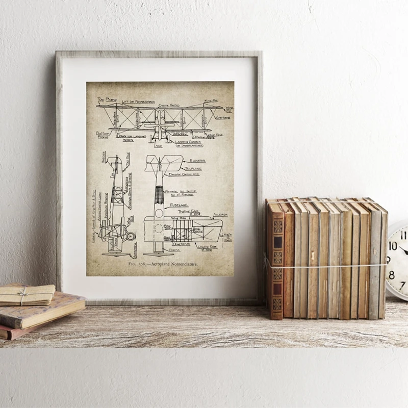 Biplane Aircraft Patent Print Canvas Painting Home Decor