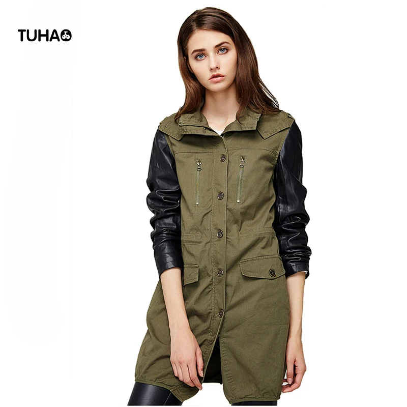 Verde Waist Pu Con De Manga Mujer Tuhao Abrigos Bolsillos Capucha 5OzqxtA