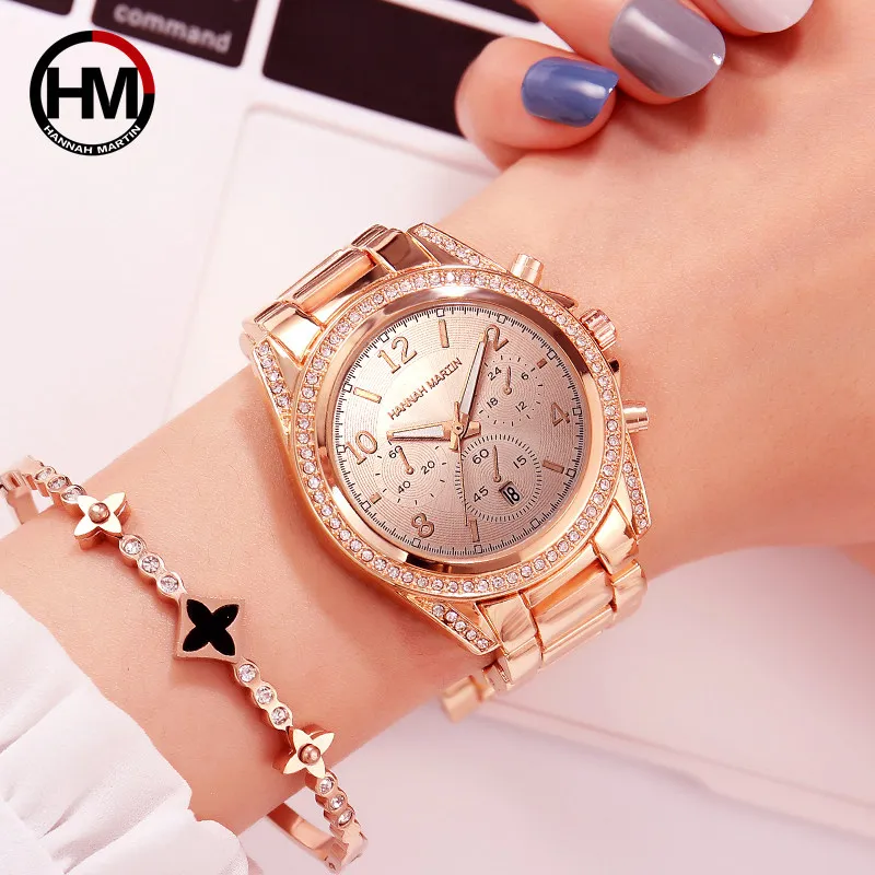 Livraison directe or Rose Top marque de luxe femmes strass montres Montre Femme calendrier étanche mode robe dames Montre
