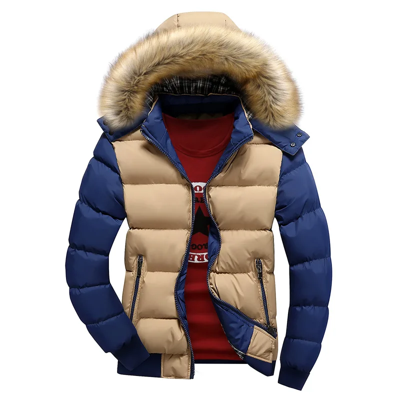 Зимнее мужское повседневное пальто с меховым капюшоном и хлопковой подкладкой, Мужская брендовая ветрозащитная Водонепроницаемая ветровка в стиле пэчворк, мужские куртки - Цвет: Khaki Blue FK047