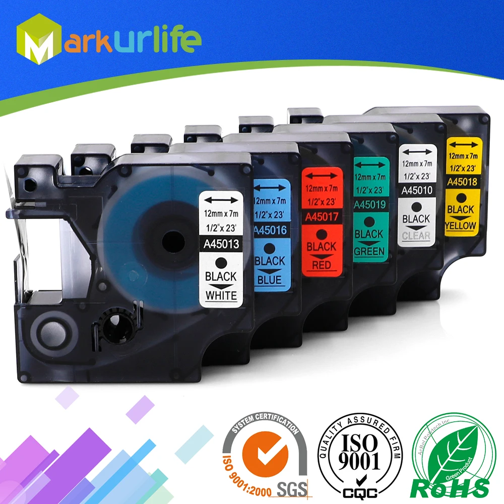 6 шт./лот Совместимость Dymo D1 маркировки ленты 45010 45013 45016 45017 45018 45019 для Labelmanager 210D 260 P