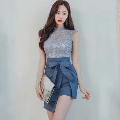 

Amolapha Women Lace Hollow Out Tank Tops+High Waist Bow Irregular Mini Skirts Suits Clothing Set