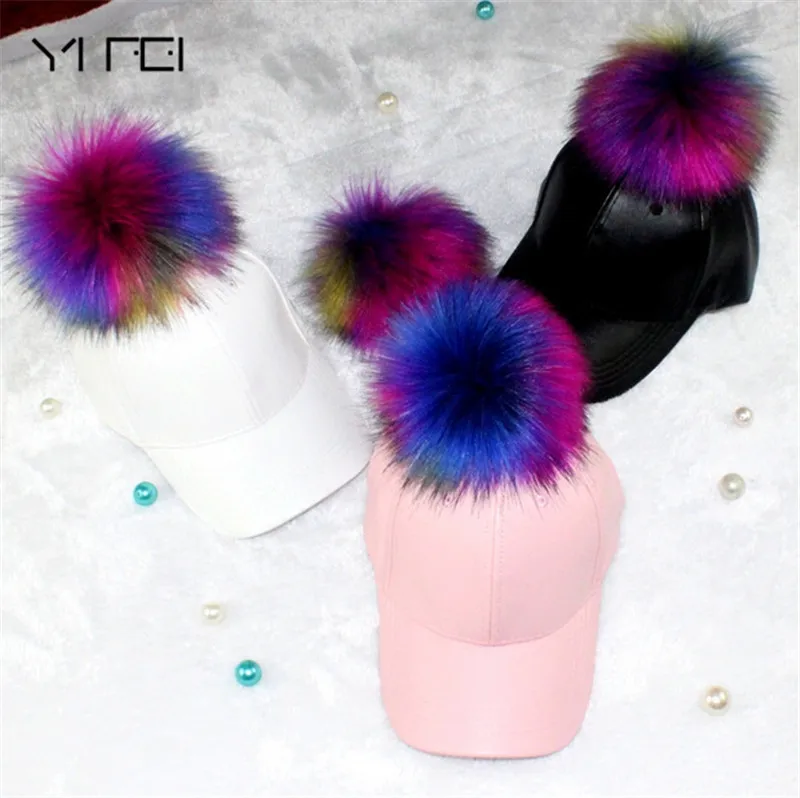 

YIFEI Leather PU Adjustable Cap Fur Pom Pom Cap Fashion Hiphop Hat NEW High-quality Fur Colors Ball Baseball Cap For Women