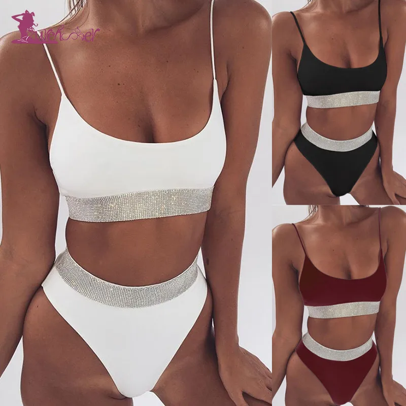 

Lurehooker Sexy High Waist Sequin Bikini Set Solid Patchwork Bathing Suits Swimwear Halter Swimming Suit for Women Bikini Sexy