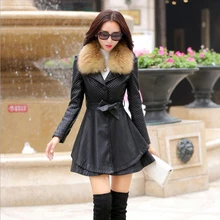 Msaiss енот меховой воротник кожаные пальто, женская обувь зимние длинные дамы овчины Тренч большой Размеры Женская кожаная обувь куртка