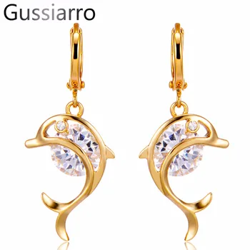 

Gussiarro 2019 Dangle Dolphin Romantic Gold-Color Clear Cubic Zirconia Bohemian Drop Earrings for Woman Christmas Gift