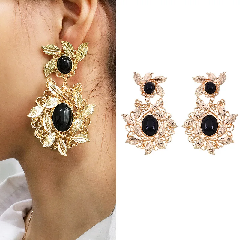 

Baroque Vintage Earrings for women Gold color statement earring 2018 female Leaf bold earing Hanging fashion jewelry